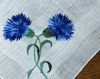 Vintage Embroidered Blue Cornflower Handkerchief**#96