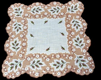 Vintage Blank Center Scalloped Fall Leaves Handkerchief**#104
