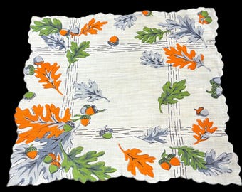 Vintage Blank Center Scalloped Fall Leaves & Acorns Handkerchief**#64
