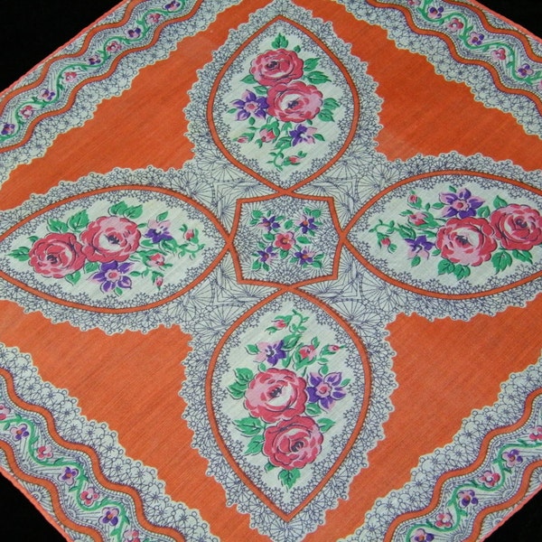 Vintage 1940's Pink, Purple, Coral Mixed Floral Paisley Wedding Handkerchief or Doily, 9713