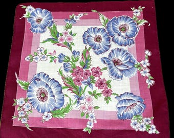 Pañuelo vintage azul y rosa con anémonas, amapolas y claveles**#153
