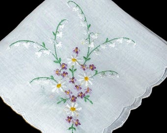Vintage Embroidered Lily-of-Valley, Violet++Handkerchief**#54