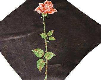 Stunning Vintage 16" Long Stem Pink Rose on Black Handkerchief**#181