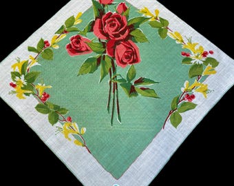 Vintage New w/Tags Linen Red Rose Handkerchief**#80