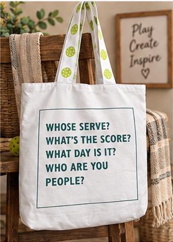 White Pickleball Tote Bag, Whose Serve What's the Score, with Green Lettering