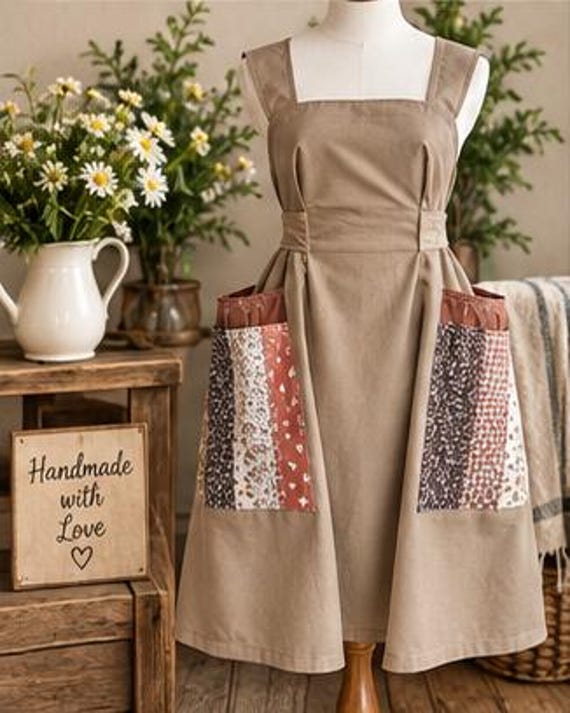 Handmade Patchwork Pocket Apron in Tan with Floral and Star Prints