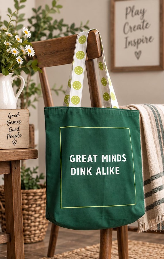 Green Pickleball Tote Bag, Great Minds Dink Alike, with Printed Handles