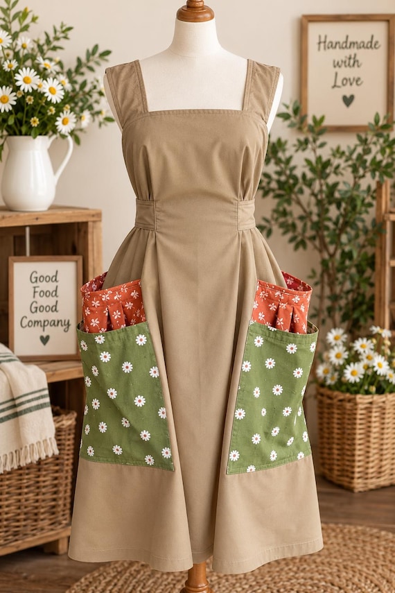 Handmade Cottage Daisy Apron with Large Layered Pockets, Khaki and Olive Green