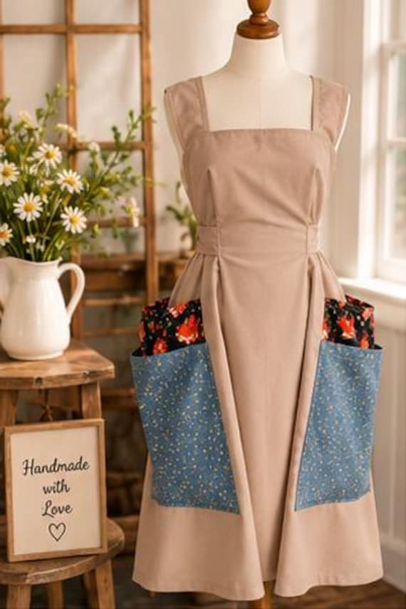 Handmade Woodland Fox Apron with Large Layered Pockets, Tan and Dusty Blue