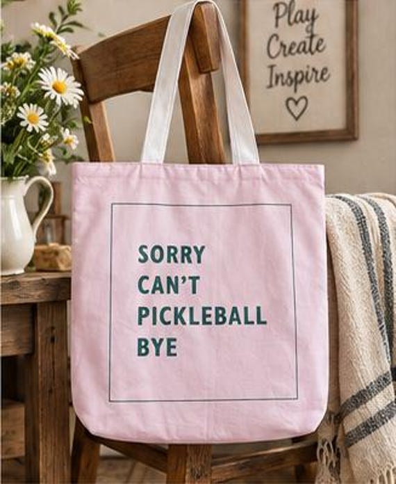 Pink Pickleball Tote Bag, Sorry Can't Pickleball Bye, with White/Green Handles