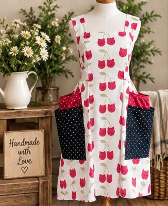 Handmade Cat Cherry Apron with Large Polka Dot Pockets, Red and Ivory