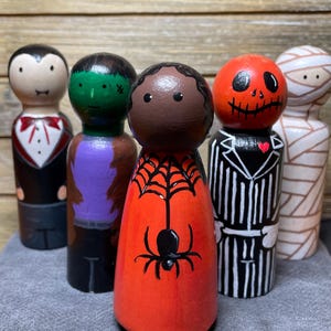 Handpainted Halloween costumed peg doll/Skeleton, Mummy, Spider Lady, Vampire, Frankenstein’s Monster wooden doll for play or decor
