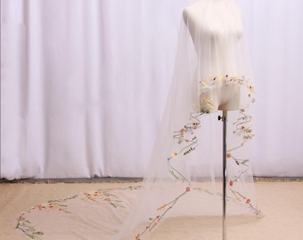 AD34| 2 Tier Floral Bridal Veil with Blusher, Embroidered Wildflower Wedding Veil, Boho Cathedral Drop Veil, Colorful Botanical Fairy Veil