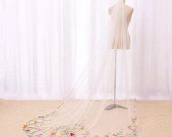 AD58| 3D Floral Cathedral Veil, Colorful Wildflower Bridal Veil, Fairycore Wedding Veil, Embroidered Garden Boho Veil, Applique Flower Veil