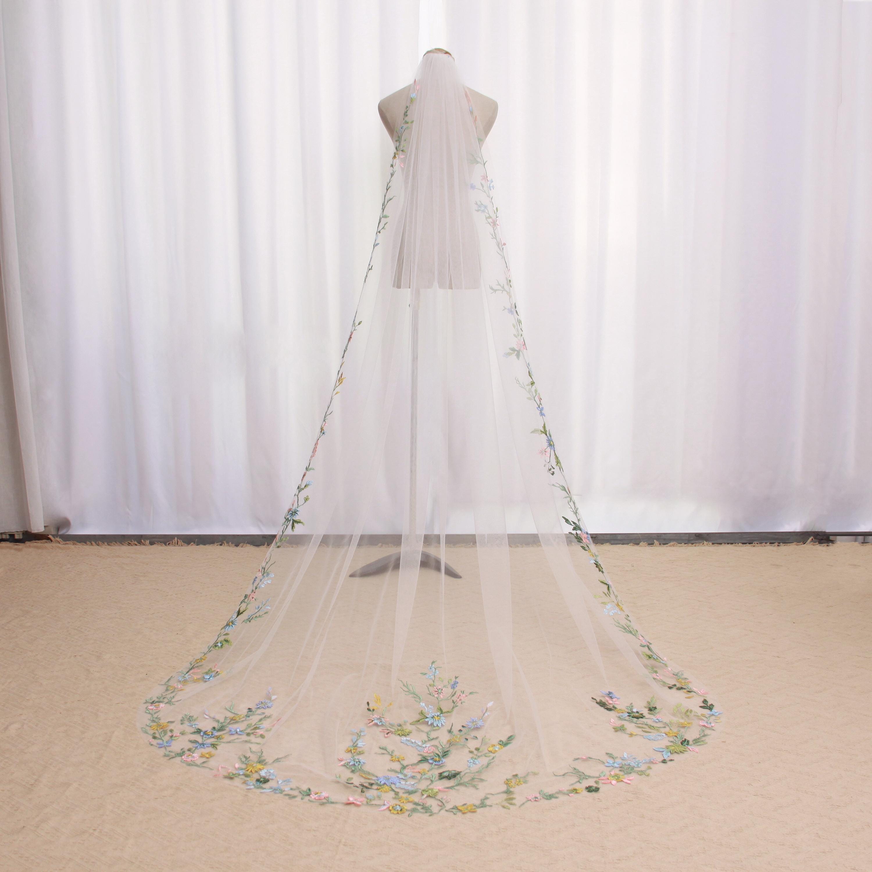 AD48| Green Floral Bridal Veil, Something Blue Embroidered 