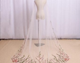AD33| Wildflower Lace Chapel Veil: Handmade Ivory Tulle Boho Bridal Veil