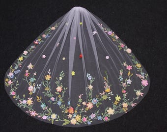 AD3| 3D Floral Fingertip Veil: Ivory Tulle Wildflower Lace, Boho Bridal
