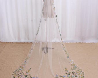AD10 | Véu de Noiva Catedral com Renda de Flores Silvestres - Casamento Boho