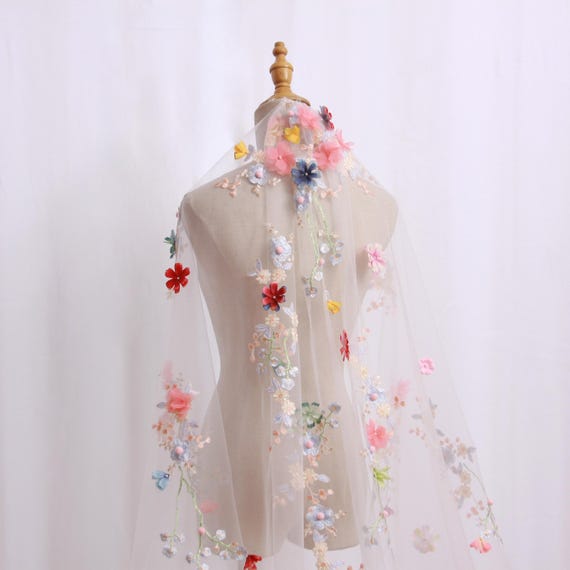 White Veil with Colorful 3D Floral Embroidery Floral Lace Wedding Veil With Colourful 3D Flower, Vintage  main image 2