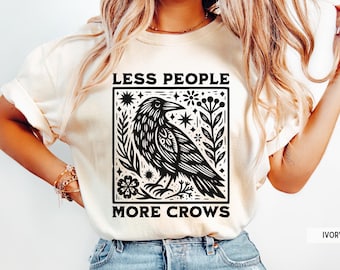 Funny Crow Shirt, Linocut Crow Graphic Tee, Less People More Crows T-Shirt, Dark Humor Shirt, Bird Lover Shirt, Crow Lover Shirt
