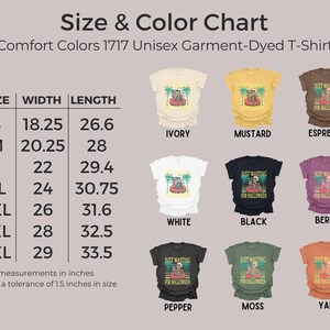 Peut inclure: Tableau des tailles et des couleurs pour les t-shirts unisexes Comfort Colors 1717 teints en pi&egrave;ce. Le tableau indique les tailles S &agrave; 4XL avec des mesures de largeur et de longueur en pouces. Les couleurs disponibles sont ivoire, moutarde, expresso, blanc, noir, baie, poivre, mousse et igname.