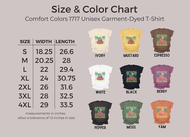 Peut inclure: Tableau des tailles et des couleurs pour les t-shirts unisexes Comfort Colors 1717 teints en pi&egrave;ce. Le tableau indique les tailles S &agrave; 4XL avec des mesures de largeur et de longueur en pouces. Les couleurs disponibles sont ivoire, moutarde, expresso, blanc, noir, baie, poivre, mousse et igname.