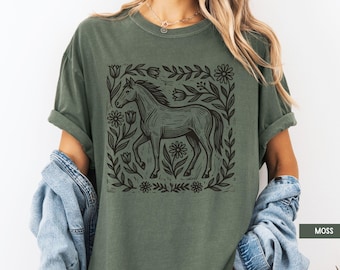 Horse Shirt, Horse Girl Shirt, Boho Floral Horse T-Shirt, Wildflower Horse Shirt, Linocut Block Print Horse Shirt