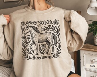 Horse Shirt, Horse Girl Shirt, Boho Floral Horse Sweatshirt, Wildflower Horse Sweatshirt, Linocut Block Print Horse Sweatshirt