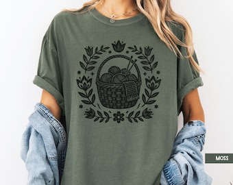 Knitting Shirt, Yarn Lover Shirt, Knitting Lover Gift, Gift for Knitter, Crafty Gift, Knitting Gifts, Linocut Boho Style Knitting Shirt