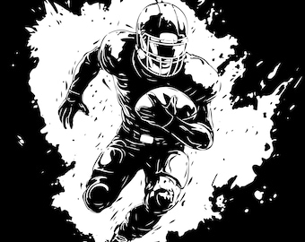 May include: Black and white illustration of a football player running with the ball. The player is wearing a helmet and uniform. The background is a white splatter pattern.