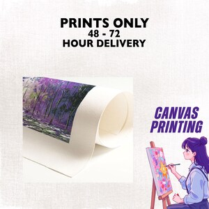 May include: A canvas print with a landscape painting featuring purple trees and a white border. The text "PRINTS ONLY 48-72 HOUR DELIVERY" is at the top. The words "CANVAS PRINTING" are also visible.