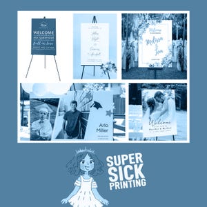 May include: A collage of images showcasing various signage designs for different events. The signs feature different fonts, colors, and designs, including a welcome sign for a wedding, a graduation sign, and a sign for a business.