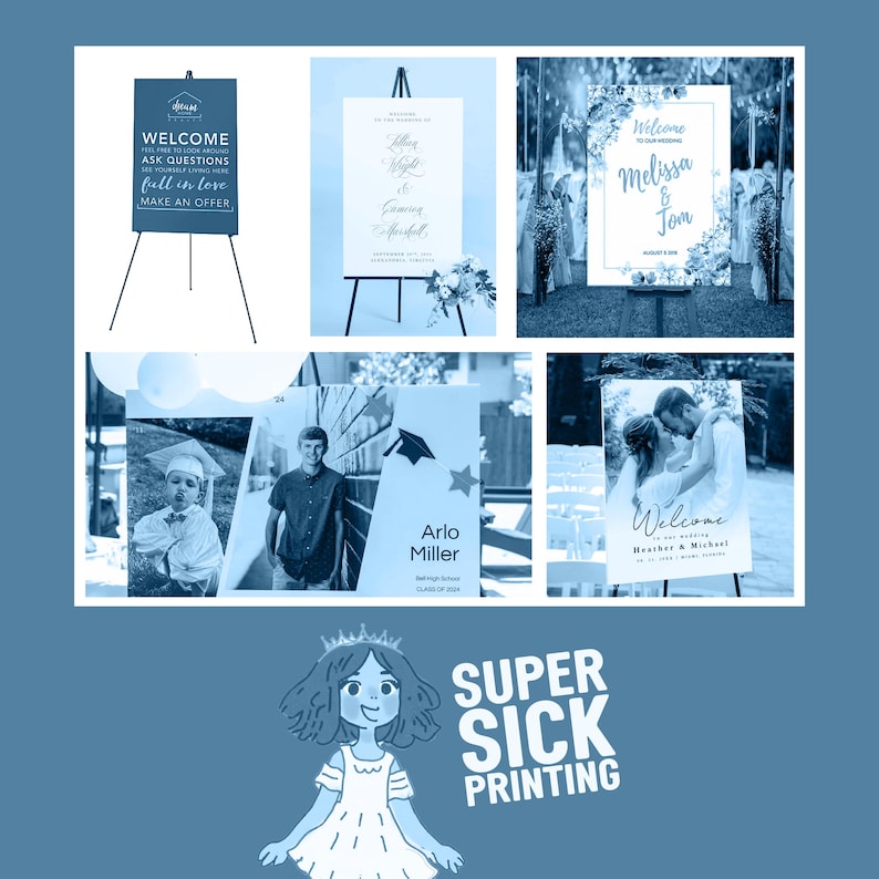 May include: A collage of images showcasing various signage designs for different events. The signs feature different fonts, colors, and designs, including a welcome sign for a wedding, a graduation sign, and a sign for a business.