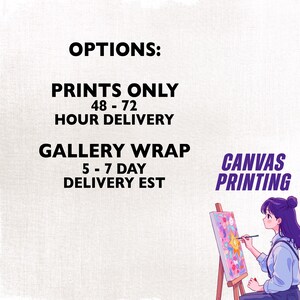 May include: Image with text: OPTIONS, PRINTS ONLY, 48-72 HOUR DELIVERY, GALLERY WRAP, 5-7 DAY DELIVERY EST, CANVAS PRINTING. An illustration of a person painting on a canvas.