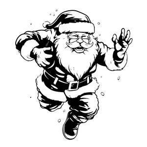 May include: A black and white illustration of Santa Claus running with a football. He is wearing a Santa hat, a long beard, and a belt with a buckle. He is smiling and has a determined look on his face.
