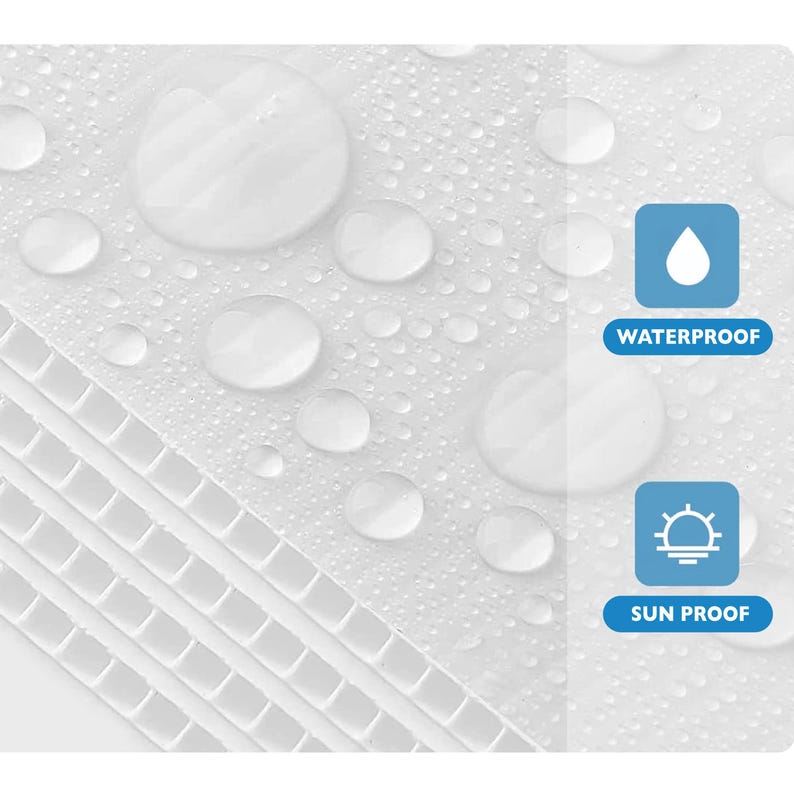 May include: Close-up of a white, textured surface with water droplets. The surface is waterproof and sunproof.