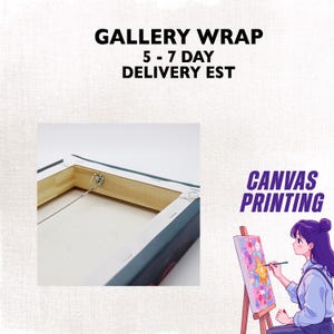 May include: A gallery wrapped canvas print with a wooden frame, metal hanging hardware, and a wire. The text "Gallery Wrap" and "Canvas Printing" are visible. An illustration of a person painting on a canvas is also shown.