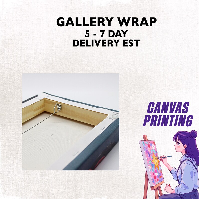 May include: A gallery wrapped canvas print with a wooden frame, metal hanging hardware, and a wire. The text "Gallery Wrap" and "Canvas Printing" are visible. An illustration of a person painting on a canvas is also shown.