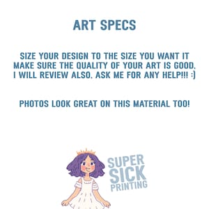 May include: A cartoon illustration of a girl with purple hair wearing a white dress and a gold crown. The text "SUPER SICK PRINTING" is below the girl.