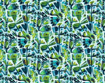 Cieli Blue Green Find the Birds by Este MacLeod for Free Spirit - Sold by the half yard - Shipped as Continuous Yardage