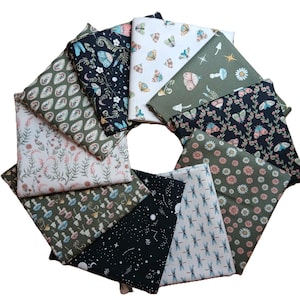 May include: A collection of fabric squares with various nature-themed patterns. Designs include butterflies, mushrooms, dragonflies, and floral arrangements in colors like white, black, green, and pink. The fabric is arranged in a circular pattern.