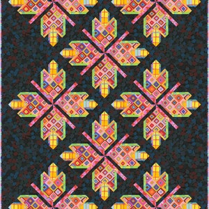 May include: A repeating pattern of colorful geometric shapes in a starburst design on a dark blue background.