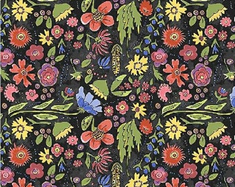 Prairie Flowers - Black - Yippee Yi Yo Ki Yay - Laura Heine Sold by the Half Yard - Shipped as Continuous Yardage