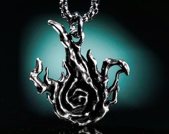 Exclusive E!.d.En R|n.g F.r|.en.zie.d Flame Pendant, Handcrafted 950 Silver Necklace, Cosplay Talisman, Gothic, Gamer Christmas Gift