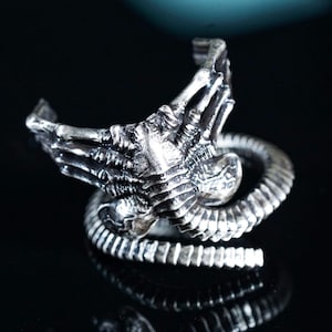 Könnte beinhalten: Silberfarbener Ring mit detailliertem Design eines Kreaturenkopfes und -körpers. Der Ring umschlingt den Finger mit einem strukturierten, gerippten Band. Das Design hat ein dunkles, antikes Finish.