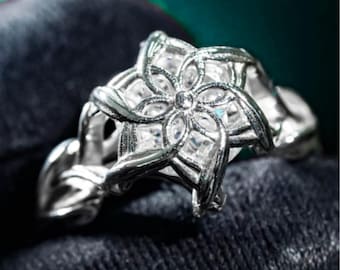 EXCLUSIVE LOtR Ne.n.y.a E.|.f Ring, 950 Sterling Silver Galadriel Ring of Water, E|.v.e.n Flower Clear Crystal Crown Band - Gamer Gift