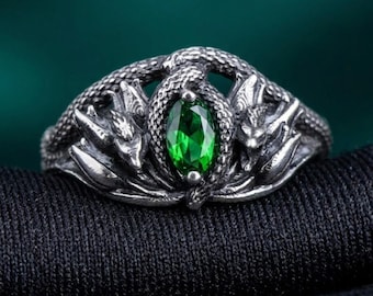 PREMIUM LOR Dragon Scale Ring With Green Stone, Gothic Serpent Jewelry, Fantasy Men's Women's Statement Band, Unique Mythical Creature Gift