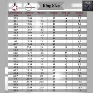 May include: Ring size chart with measurements in millimeters, EU, UK, and USA sizes. Includes circumference and diameter measurements for rings, with sizes ranging from 0.5 to 13.