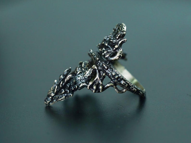 May include: A detailed silver dragon ring. The ring features a dragon design with intricate scales and a textured surface. The dragon's head and body wrap around the finger, creating a unique and eye-catching accessory.