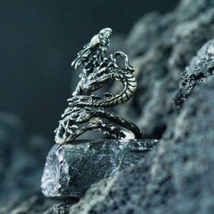 May include: A detailed silver dragon ring, coiled around the finger. The dragon's scales and features are intricately carved, creating a textured appearance. The ring is set against a dark, rocky background, highlighting the metallic sheen.